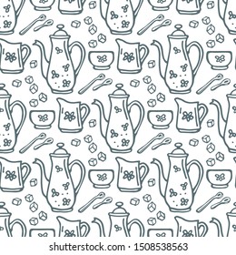 Coffee cup and teapot with sugar on white background. Seamless pattern for fabric, wallpaper, banner or wrapping paper. Hand drawn style.