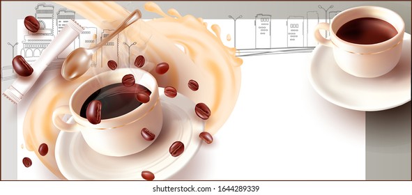 Coffee in a Cup with a teaspoon. Falling coffee beans.Bag of sugar. White Background with vector image of city, houses, skyscrapers.