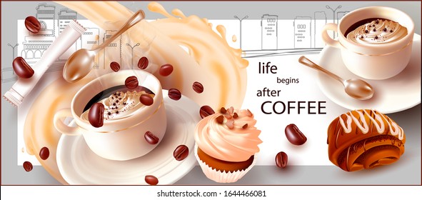 Coffee In A Cup With A Teaspoon. Falling Coffee Beans. Bag Of Sugar. Pastry. Poppy Seed Bun. Butter Roll. Confectionery. Vector Illustration. The Image On A White Background.