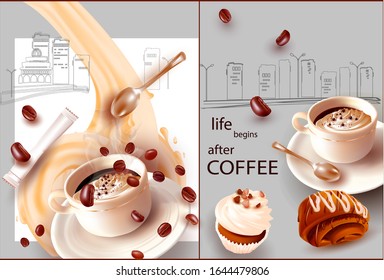 Coffee in a Cup with a teaspoon. Falling Coffee Beans.Bag of sugar. Sweet Muffin. Roll with icing.Fast food in a disposable Cup.Pastry. Poppy seed bun.Vector Set.