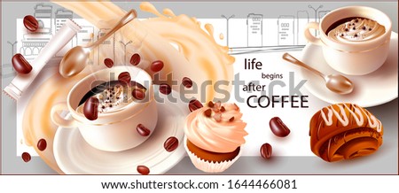 Coffee in a Cup with a teaspoon. Falling coffee beans. Bag of sugar. Pastry. Poppy seed bun. Butter roll. Confectionery. Vector illustration. The image on a white background.