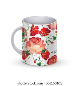 Coffee cup template illustration with flower russian traditional pattern. Realistic mug. Vector