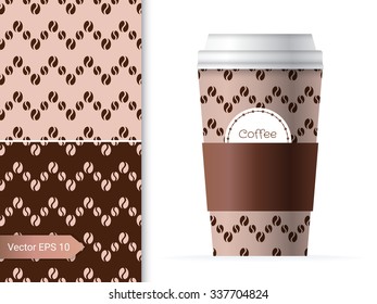 Coffee cup template illustration with the two coffee bean patterns design in brown and chocolate color.