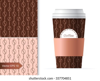 Coffee cup template illustration with the two coffee bean patterns design in brown and chocolate color.