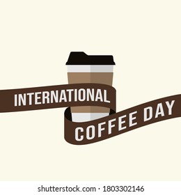 Coffee cup con ilustración vectorial de cinta de texto para el diseño del Día del Café.