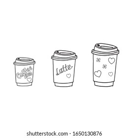 Café tres tazas de café de papel con un set.ilustración vectorial en blanco y negro