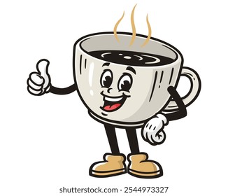 Coffee Cup with thumb up pose, Cartoon Mascot Illustration Character Vector Retro Vintage Clip-art Hand-drawn Logo Design