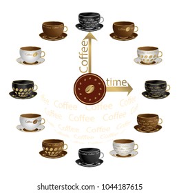 coffee cup, time clock, vector illustration, set