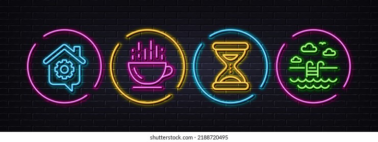 Coffee cup, Time and Work home minimal line icons. Neon laser 3d lights. Swimming pool icons. For web, application, printing. Hot drink, Clock, Outsource work. Basin. Neon lights buttons. Vector