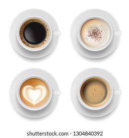 Coffee cup top. Hot milk espresso latte breakfast tea time vector realistic template