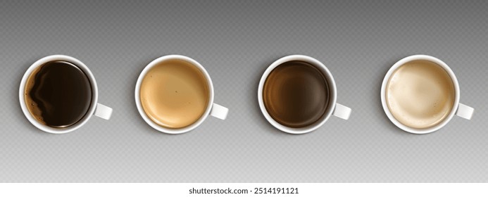 Coffee cup top view. 3d cappuccino mug isolated vector. Tea, espresso and milk drink for cafe menu realistic icon design set. Americano for breakfast or capuccino on break in porcelain white teacup