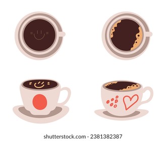 Coffee cup top view above chocolate steam hot cappuccino isolated set. Vector flat graphic design illustration