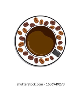 Coffee cup top view and coffee beans isolated on white background.