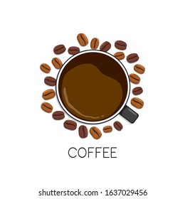 Coffee cup top view and coffee beans isolated on white background.Black.
