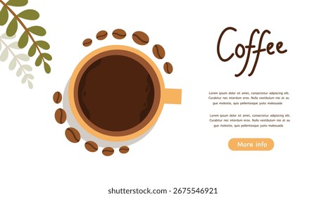 Vista superior de la taza de café con decoración de frijoles y hojas