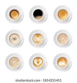 Coffee cup top view. Black coffee, cappuccino, americano, latte, espresso, macchiato, mocha with various drawing illustration. Realistic vector icon set isolated on white. Vector coffee cup on saucer