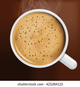  Coffee cup, top view, with cream and steam, vector illustration. 