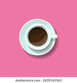 Coffee cup top view flat lay. Espresso drink beverage modern design. Restaurant cafe catering morning. Pastel pink background clean vector