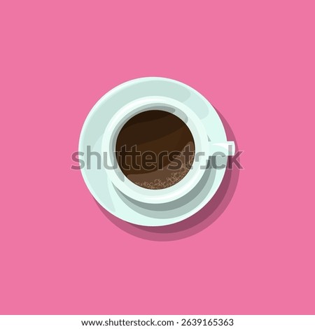 Coffee cup top view flat lay. Espresso drink beverage modern design. Restaurant cafe catering morning. Pastel pink background clean vector