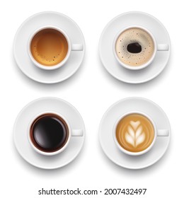 Coffee cup top view. Hot delicious drinks with coffee foam cappuccino espresso americano decent vector cups realistic collection isolated