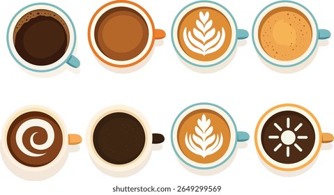Coffee Cup Top View Icon Set – Espresso, Latte Art, Cappuccino, and Mocha in Flat Vector Style