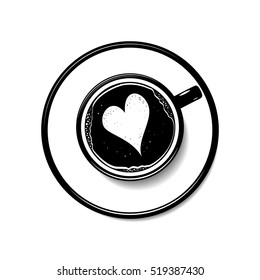 Coffee Cup. Top view latte art coffee with bubble. Black on white background. A cup of cappuccino with a heart on top of the foam.Mocha, cappuccino, latte, chocolate cup vector. Love, heart. On white.