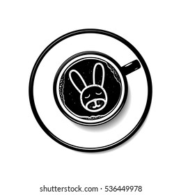 Coffee Cup. Top view latte art coffee with bubble. Black on white background. A cup of cappuccino with drawing on top of the foam. Cappuccino, latte, chocolate cup vector. Love, rabbit head. On white.