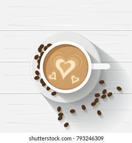 Coffee cup top view, latte hearts on top and coffee bean in white wooden table, vector illustration.