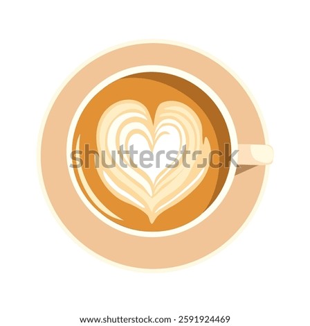 Coffee cup top view with saucer. Coffee break icon. Colored flat vector illustration of cappuccino or latte with foam in heart shape isolated on white background