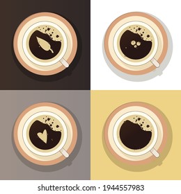 Coffee cup top view set vector isolated. Icons. Menu restraurant, cafe,  coffee shop. Drawing coffee foam. 
Cappuccino, americano, espresso, mocha, latte or  cocoa