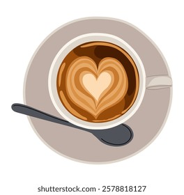 Coffee cup top view with spoon and saucer. Coffee break icon. Colored flat vector illustration of americano or espresso with foam in heart shape isolated on white background