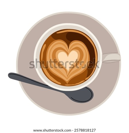 Coffee cup top view with spoon and saucer. Coffee break icon. Colored flat vector illustration of americano or espresso with foam in heart shape isolated on white background