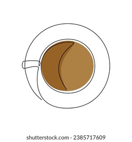 Coffee cup top view vector. One line continuous drawing. Hand drawn illustration. Hot drink icon. Minimal outline print, banner, card, brochure, product logo, menu, sign, symbol. 