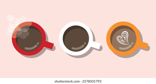 Coffee cup top view vector. coffee mugs with smoke. Hot americano, espresso, black tea, cappuccino, latte, milk. Cute simple icons on pink background. Cafe.