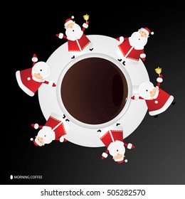 Coffee cup top view, white mug icon with Santa Clauses isolated ringing bell and dancing. Vector illustration