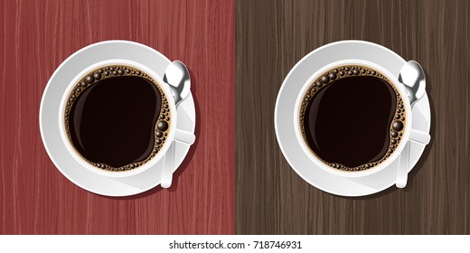 Coffee Cup. Top view at white cup with a fresh coffee standing on a saucer beside a coffee spoon. Vector illustration with a different wooden textures as table backgrounds.