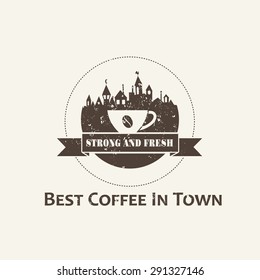 Coffee cup with town background label. Coffee shop logo