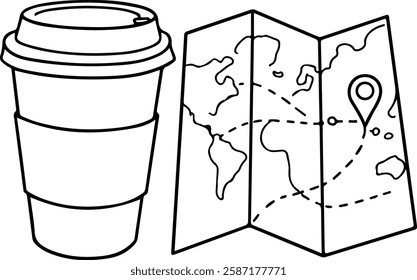 Coffee Cup with Travel Map Folded Next to It