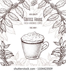 Coffee cup and coffee tree illustration. Vintage design for coffee shop. Engraved vector illustration. Corretto cup.