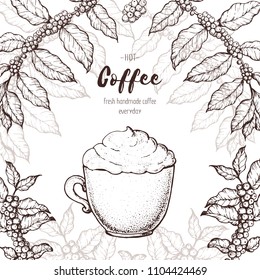 Coffee cup and coffee tree illustration. Vintage design for coffee shop. Engraved vector illustration. Vienna coffee cup.