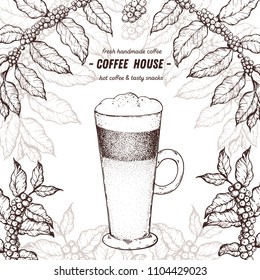 Coffee cup and coffee tree illustration. Vintage design for coffee shop. Engraved vector illustration. Coffee late cup.