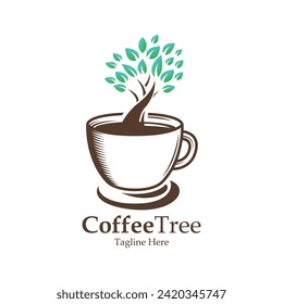 Coffee Cup Tree Logo Design Template.