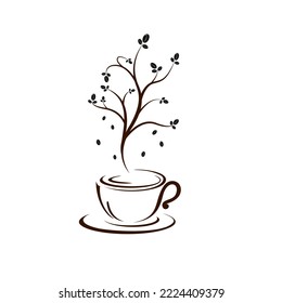 coffee cup with tree shape smoke emitting coffee beans. Vector coffee tree
