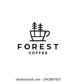 coffee cup and trees icon line art Illustration design. coffee forrest logo concept