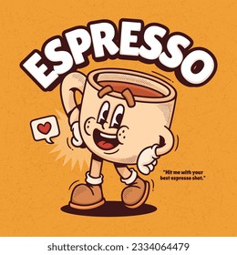 Coffee Cup Trendy Retro Cartoon Vector Hand Drawn 