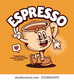 Coffee Cup Trendy Retro Cartoon Vector Hand Drawn 