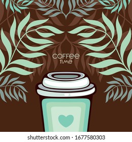 Coffee cup with tropical leaves. Template for beach cafe menu and logo.