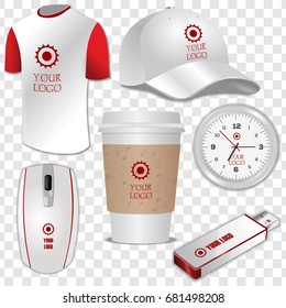 Coffee Cup, T-shirt, USB flash drive, Computer mouse, Baseball Cap and classic round wall Clock with place for your logotype, text or corporate identity details .Isolated on transparent background.