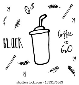 Coffee cup with tube doodle icon. Vector cartoon coffee cup. Poster with coffee сup. Cute hand drawn cup to go. Vector hand drawn coffee to go Illustration. 