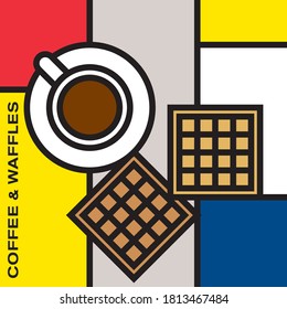 Coffee cup with two square waffles. Modern style art with rectangular color blocks. Piet Mondrian style pattern.